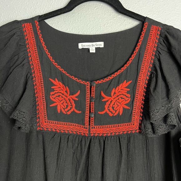 See & Be Seen Floral Embroidered Mini Sheath Dress Dark Romantic Whimsical Artsy - Picture 3 of 13